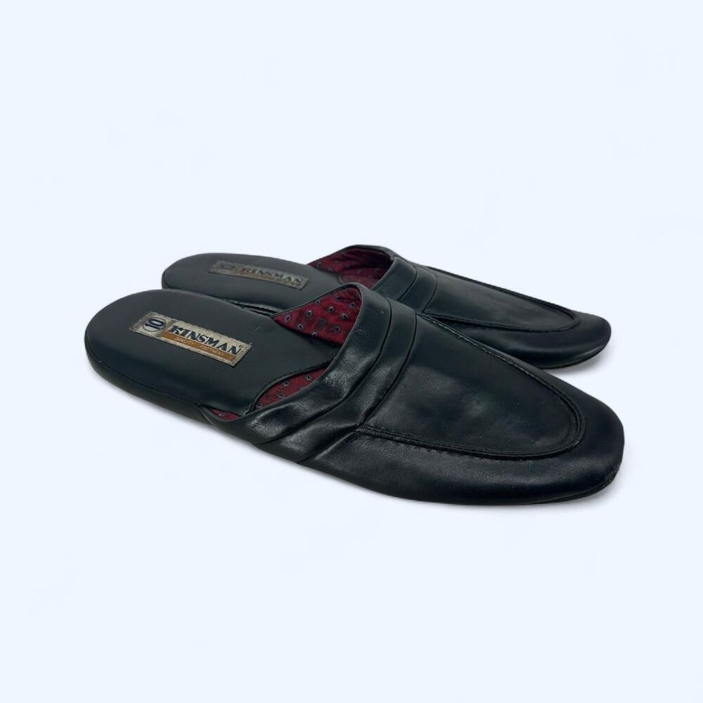 Black Leather Slip On House Slippers Paisley Lounge Shoes c. 1978